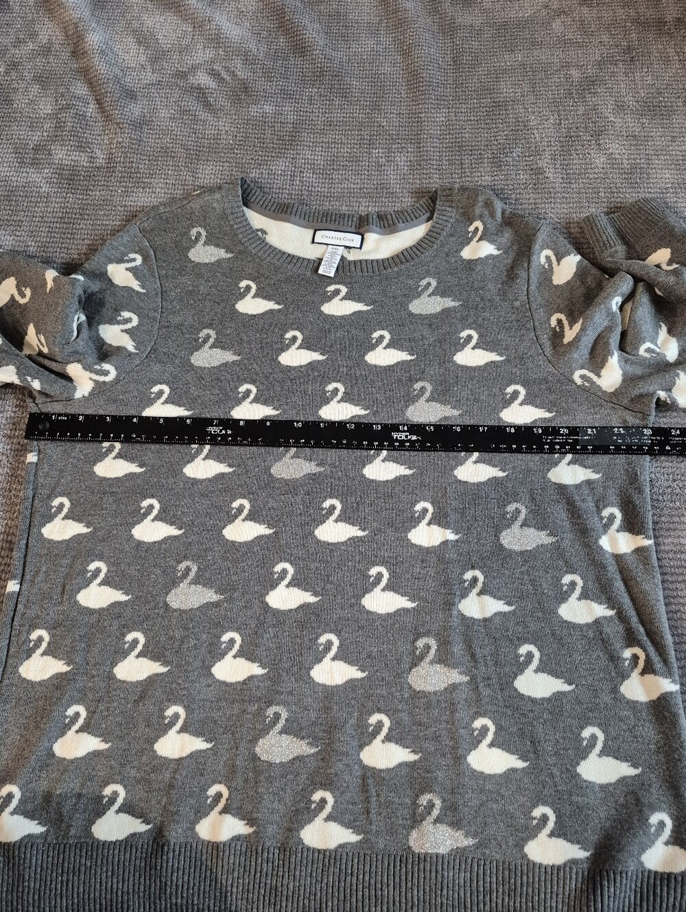 Metallic Gray & White Swan Crew Neck Sweater XXL Charter Club Whimsy Fairytail, - Picture 6 of 8